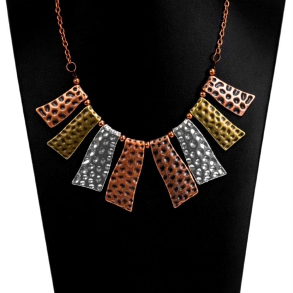 Statement Necklace & Matching Earrings Set Bold Hammered Metal Fashion Jewelry